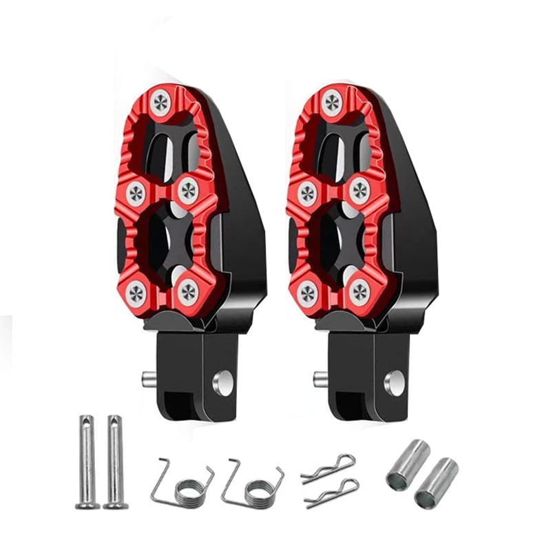 red and black cnc aluminum motorcycle foot pegs with a textured reinforced design for rear anti slip pedals.