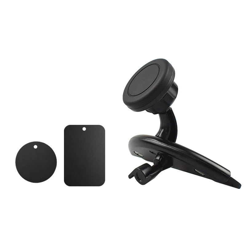 black magnetic cd slot car phone mount with clip and two adhesive pads designed for mini gps and iphone devices.