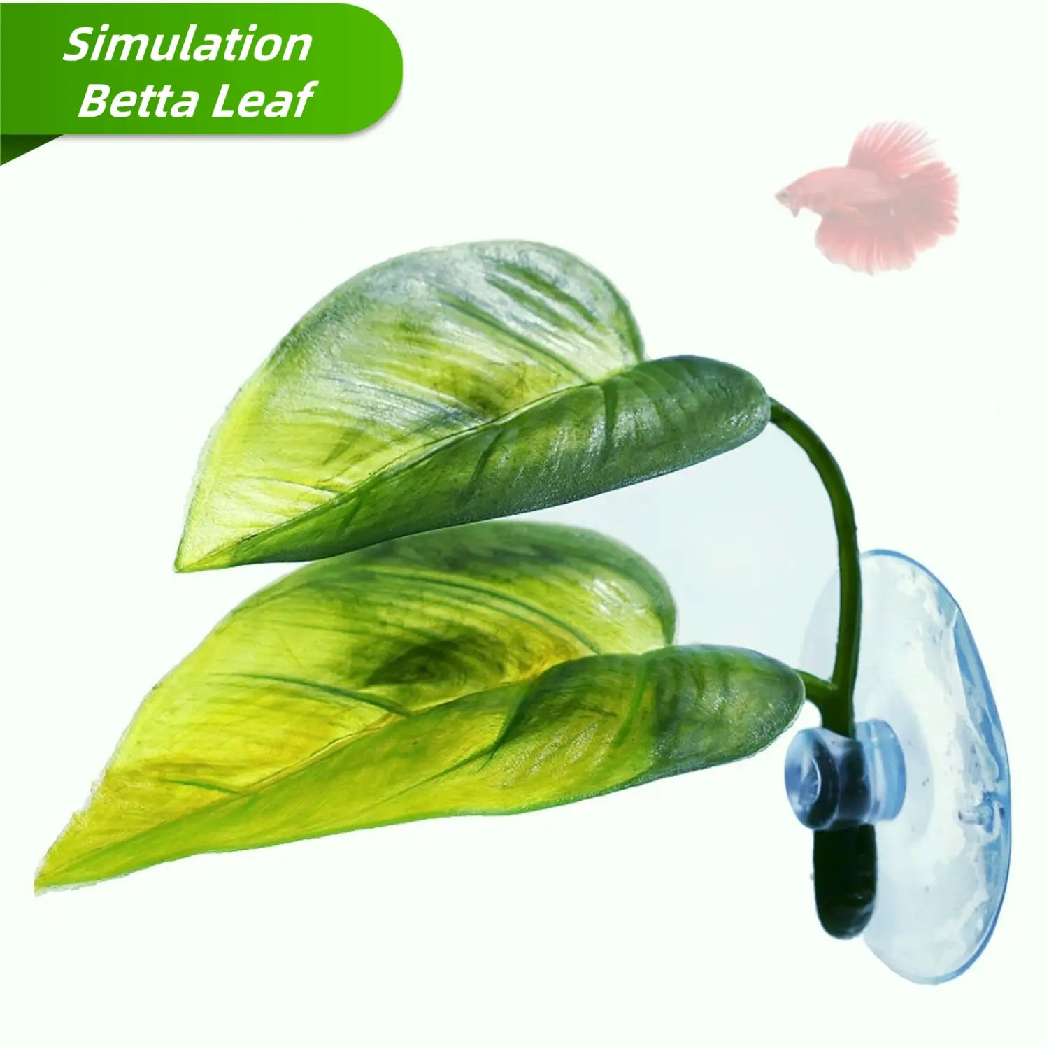 Betta leaf hammock aquarium plant with green simulation leaf featuring realistic veining and a clear suction cup base for secure attachment.