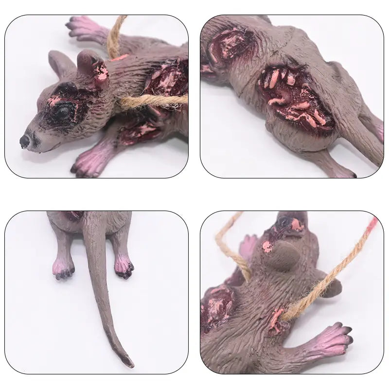 Figurine en plastique rat grisâtre-marron avec des blessures sanglantes détaillées et des accents roses sur les pattes, attachées par une corde en fibres naturelles, provenant de l’ensemble de fausses parties du corps suspendues d’Halloween sanglantes.