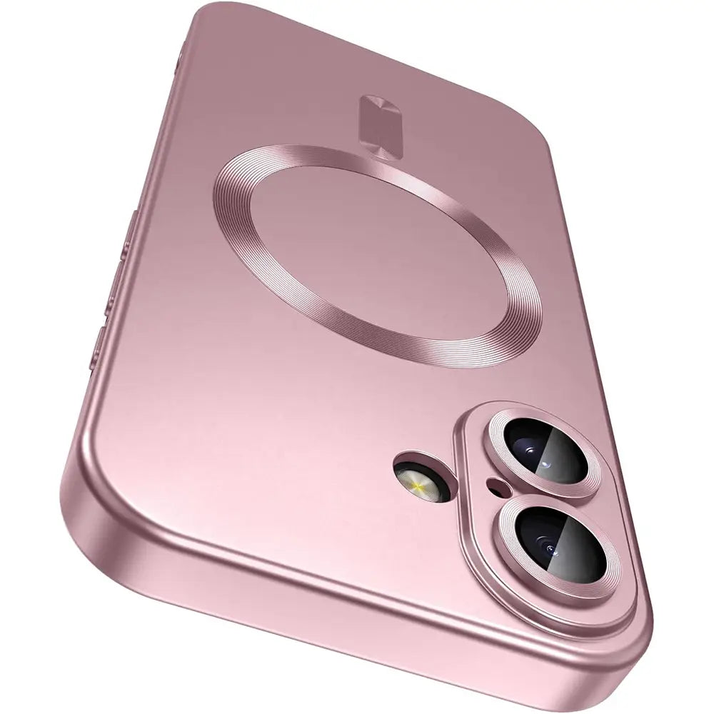 Étui de téléphone en silicone magnétique Magsafe couleur or rosé pour iPhone, présenté de dos, avec un anneau de chargement circulaire et une découpe pour double caméra.