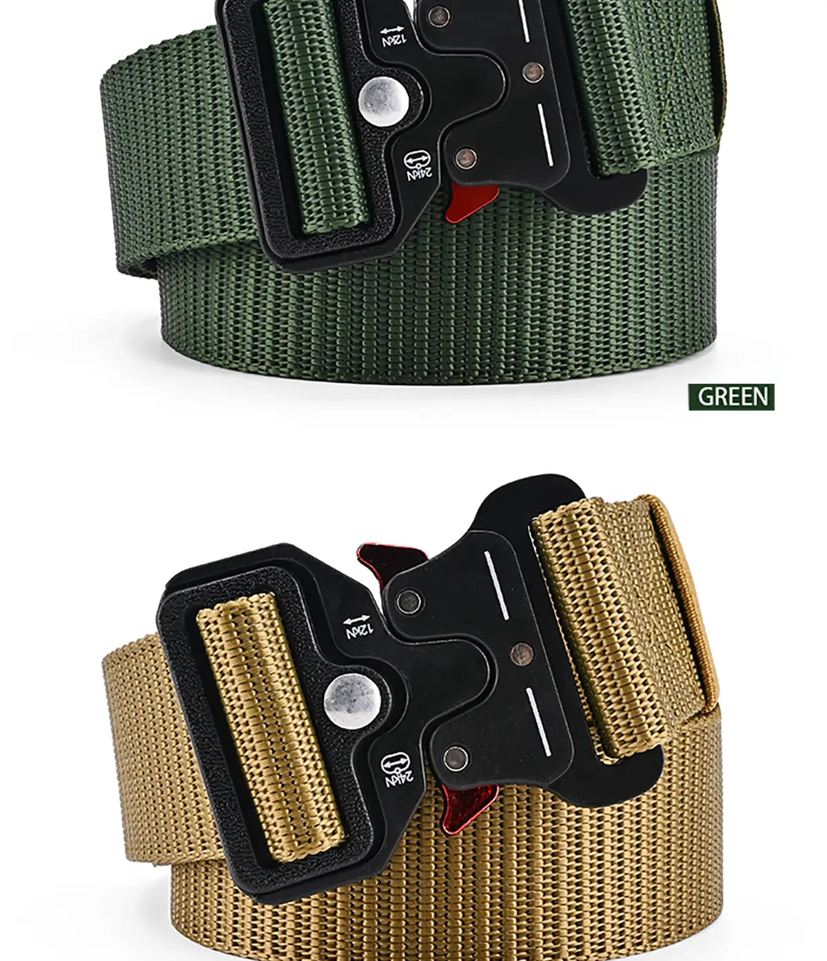 Tactical polyester belt unisex outdoor utility strap with military-style webbing, black tactical buckle with red accent, available in green or tan.