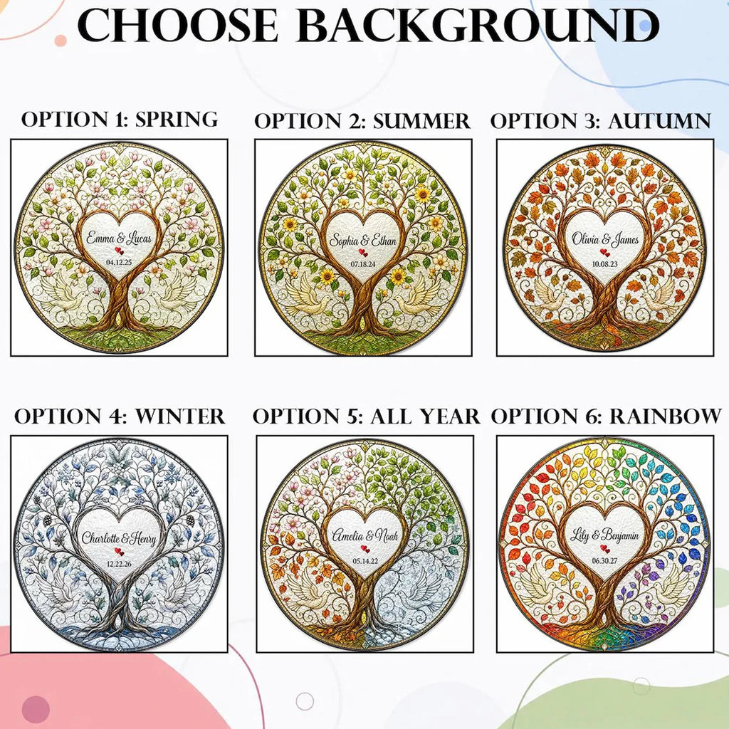 Personalized wedding anniversary gift, Four Seasons Tree of Life stained glass hanging ornament, customizable couple's window hanging souvenir, personalized Tree of Life commemorative pendant, engraved with names and a