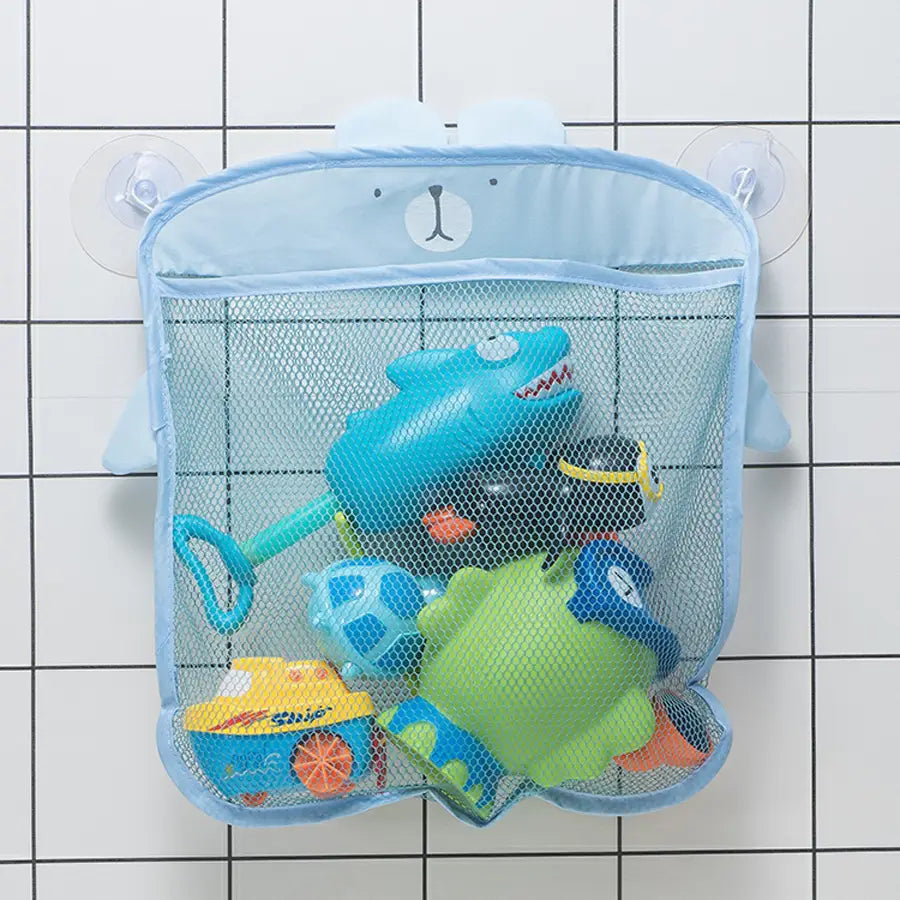 Sac de rangement pour jouets de bain en filet bleu clair, avec motif visage d’ours et ventouses, pour un montage mural, dans un style d’organisateur d’animaux de dessin animé.
