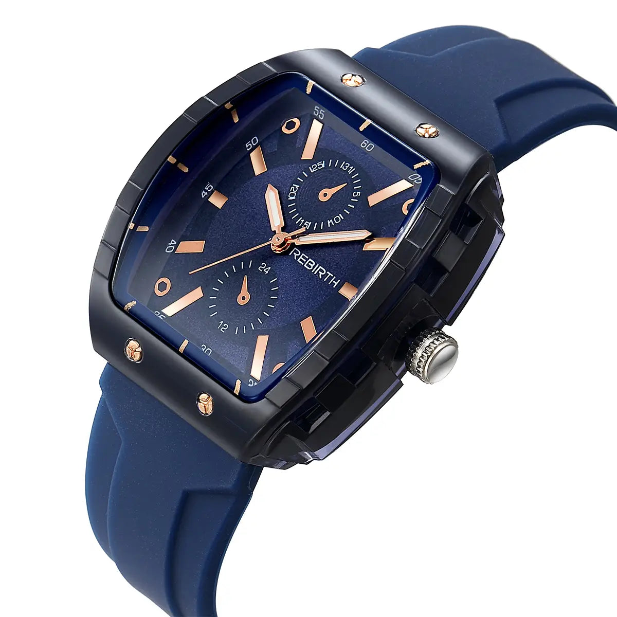 Silicone casual watch with a black and blue rectangular dial featuring rose gold accents on the hands and markers and a navy rubber strap.