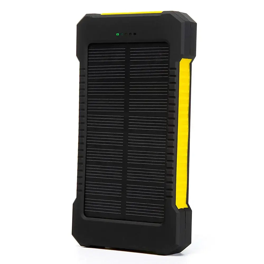 Black and yellow rugged solar power bank with textured grip design featuring a solar panel and dc5v dual usb ports for portable charging