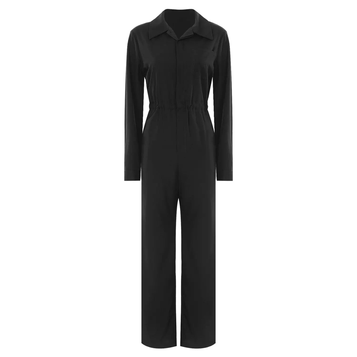 Black long-sleeved jumpsuit with a collar and drawstring waist for casual wear shown from the front.