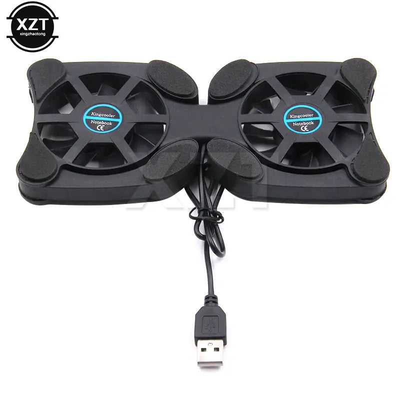 Black laptop cooling pad with dual fans branded kingcooler on each fan and usb powered for efficient laptop cooling.