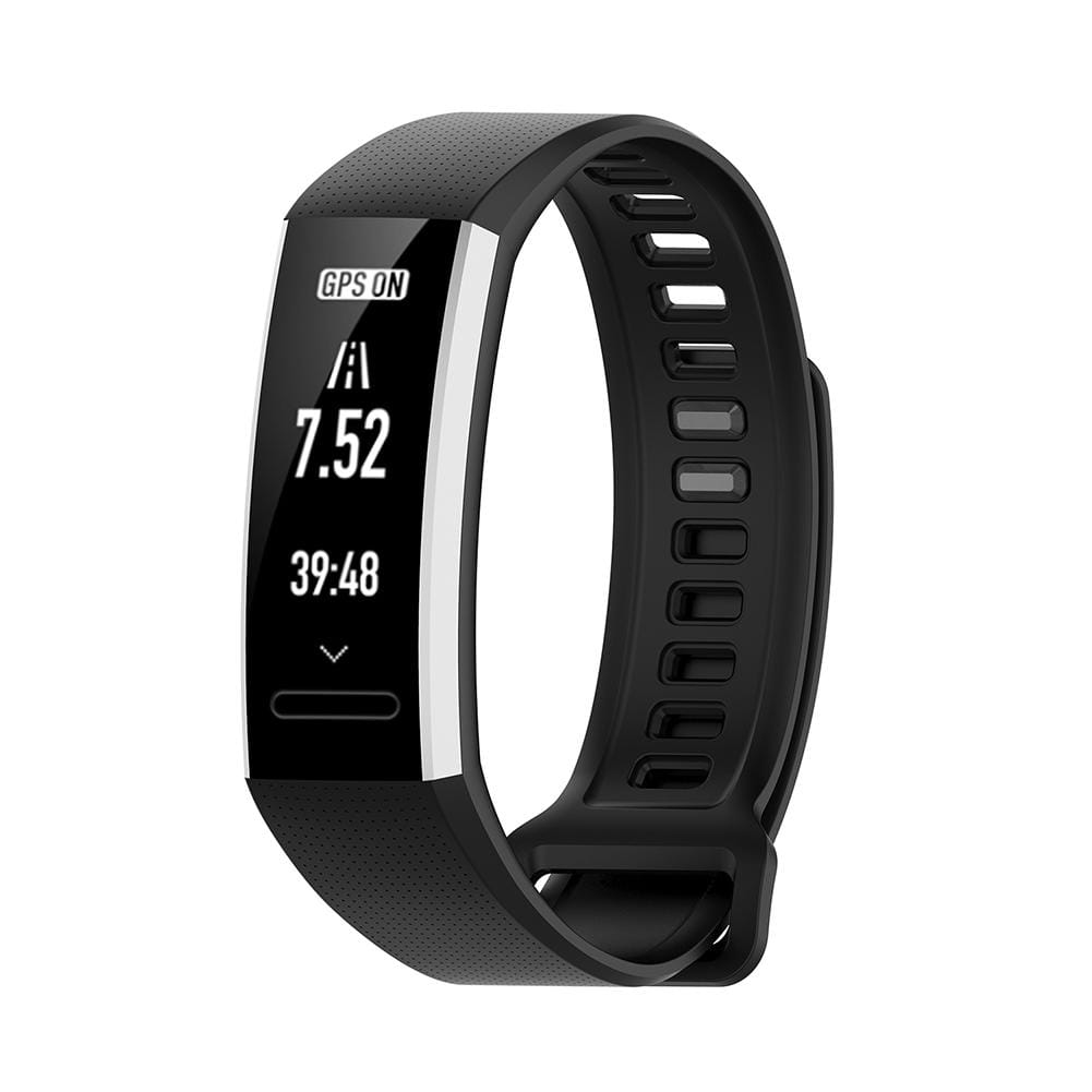 Bracelet Huawei Band 2 Pro en silicone noir, avec une sangle de bracelet en silicone rectangulaire élégante, affichant l’état du GPS et l’heure à l’écran.