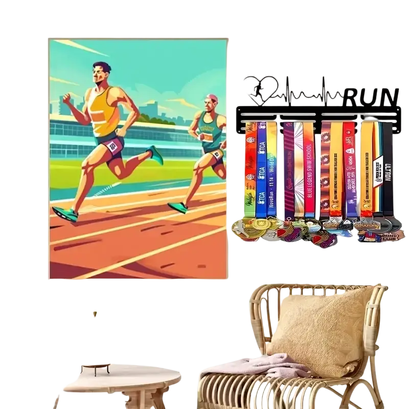 Black metal medal hanging rack with heart and heartbeat design featuring bold run for marathon display and home decor