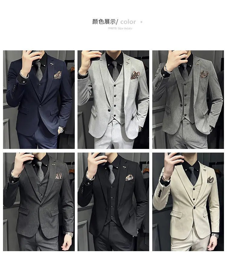 Ensemble de costume slim fit pour homme comprenant un tissu texturé bleu marine, gris noir et beige, avec 9 pantalons courts à la cheville et un type de fermeture par boutons.