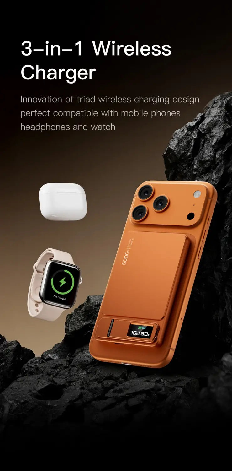 Orange magnetic power bank phone case with built-in wireless charging pad and card slot supporting quick charge functionality.