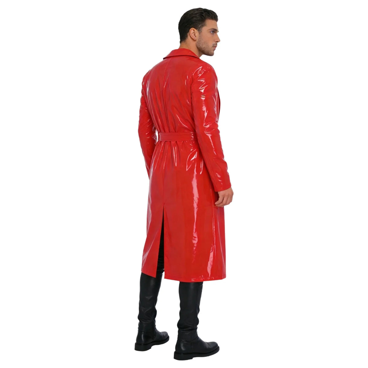Mens Glossy Long Trench Coat Blazer Lapel PU Leather Open Front Long Jackets with Belt for Casual Life Streetwear Party Clubwear