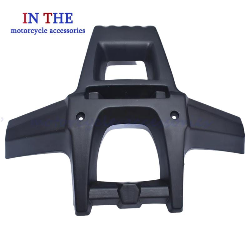 Back side view of a black plastic motorcycle rear fender guard with integrated mounting brackets and a central cutout for atv front bumper protection frame shell.