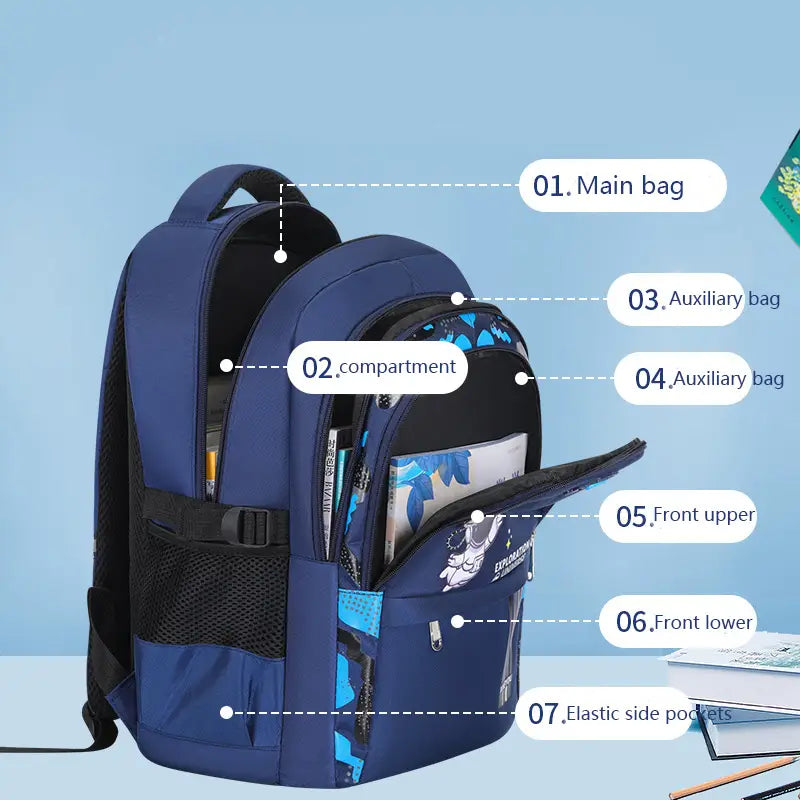 Blauer Nylon-Jungen-Astronauten-Schulrucksack mit schwarzem Mesh und Reißverschluss-Akzenten, mit einem Cartoon-Astronauten-Design auf der Vorderseite; wasserabweisender Rucksack für Bücher.