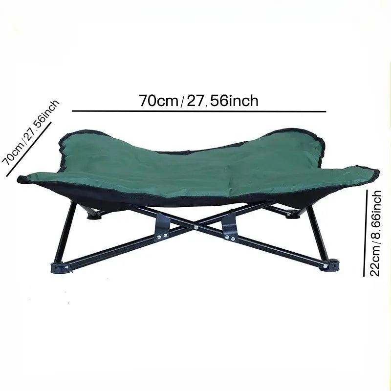 Green fabric pet bed with black metal frame and adjustable legs in model number 1 foldable pet cot for enhanced comfort and durability.
