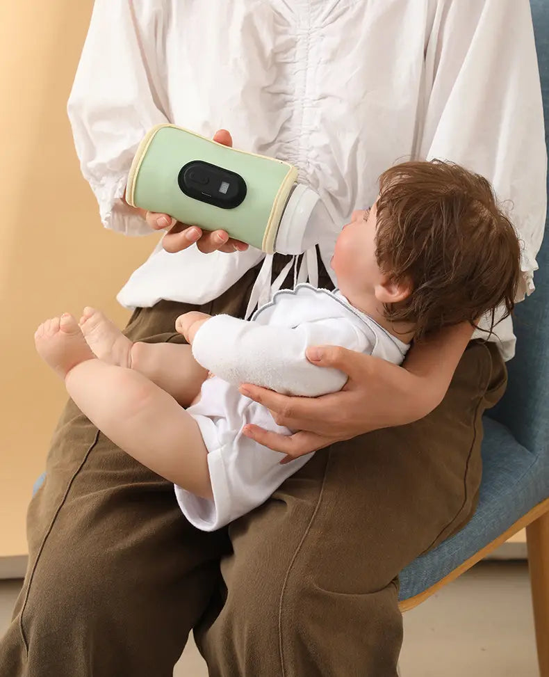 Hellgrüner tragbarer USB-Babyflaschenwärmer mit weicher Oberfläche und schwarzem Bedienfeld.