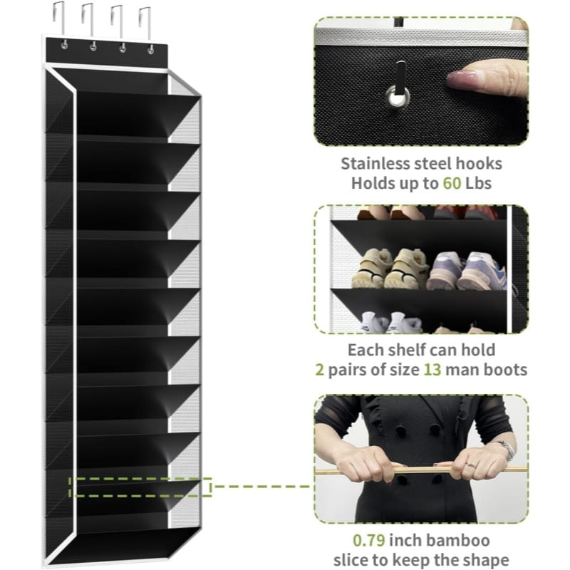 Organisateur de chaussures en tissu noir au-dessus de la porte, avec crochets en acier inoxydable et support en tranches de bambou, conçu pour une utilisation au-dessus de la porte avec 10 niveaux