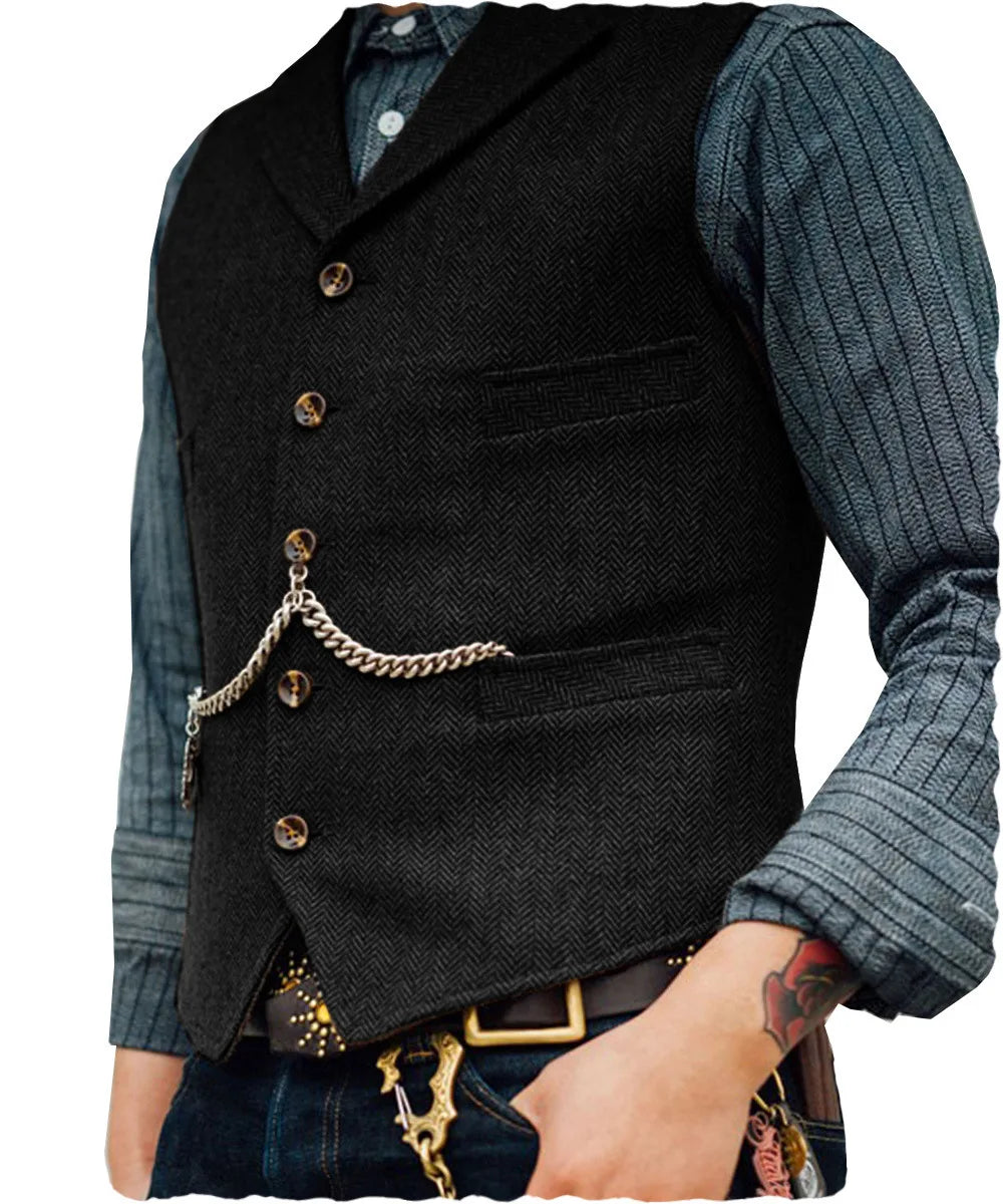 Mens Suit Vest Lapel V Neck Herringbone Casual Business Vest Waistcoat Groomman For Wedding Tweed Business Waistcoat