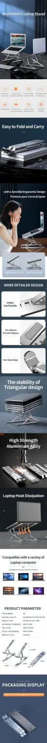 support d’ordinateur portable pliable en alliage d’aluminium argenté, au design minimaliste épuré et à hauteur réglable pour un maintien ergonomique