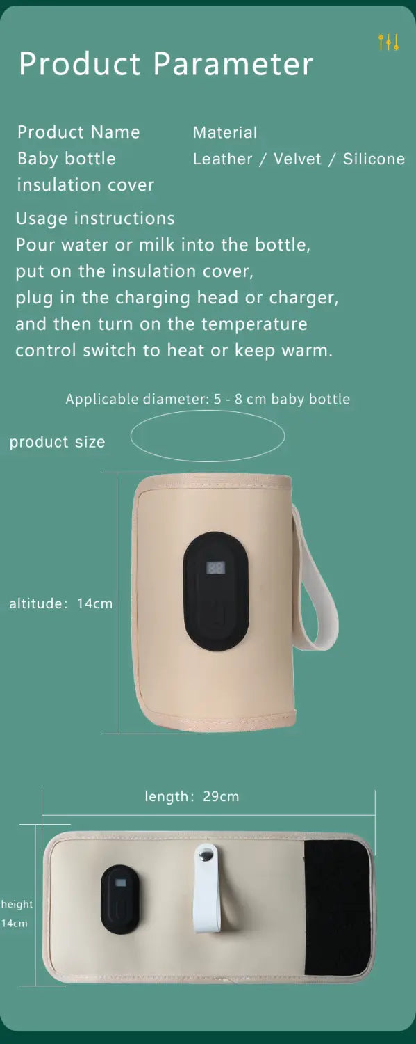 Beige Leder- und Silikon-Dämmabdeckung für tragbare USB-Babyflaschenwärmer mit schwarzem ovalem Bedienfeld und weißem Riemen.