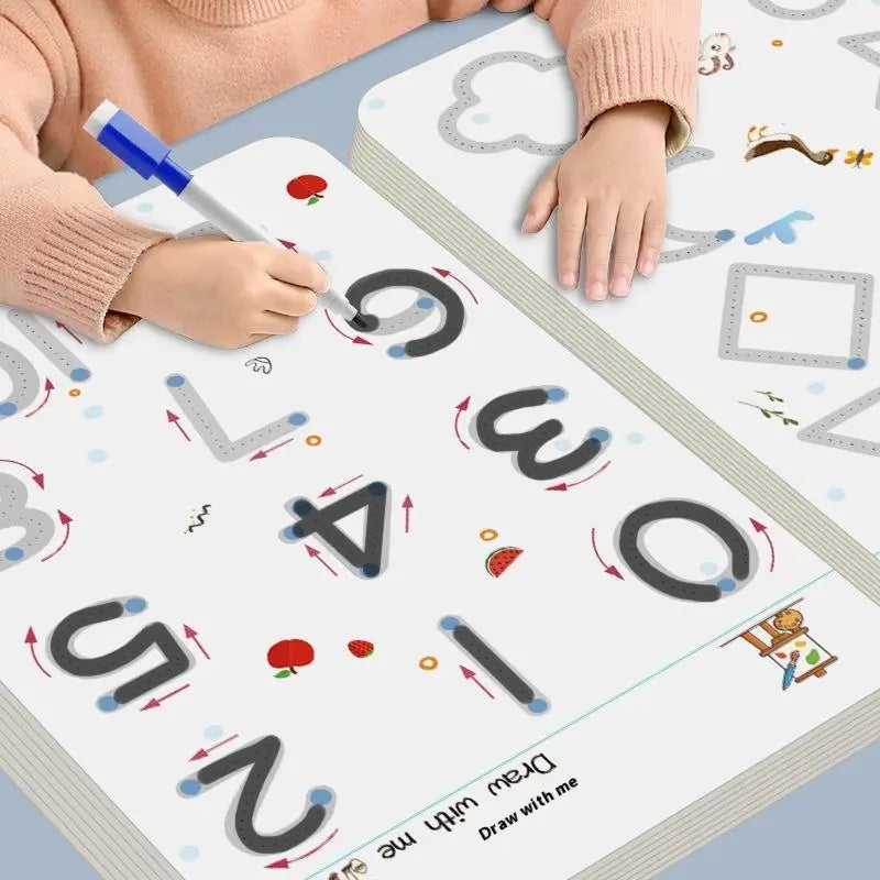 Weiße wiederverwendbare Nachzeichnungs-Unterlage für Kinder mit schwarzen Zahlenkonturen und farbenfrohen Obstillustrationen zum Lernen und Üben.