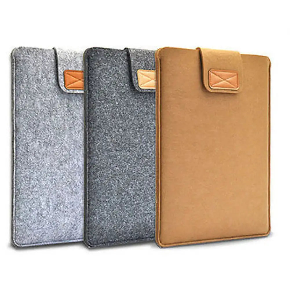 three felt tablet bag sleeves in gray dark gray and tan with leather-like flap closures designed as a laptop bag for macbook air