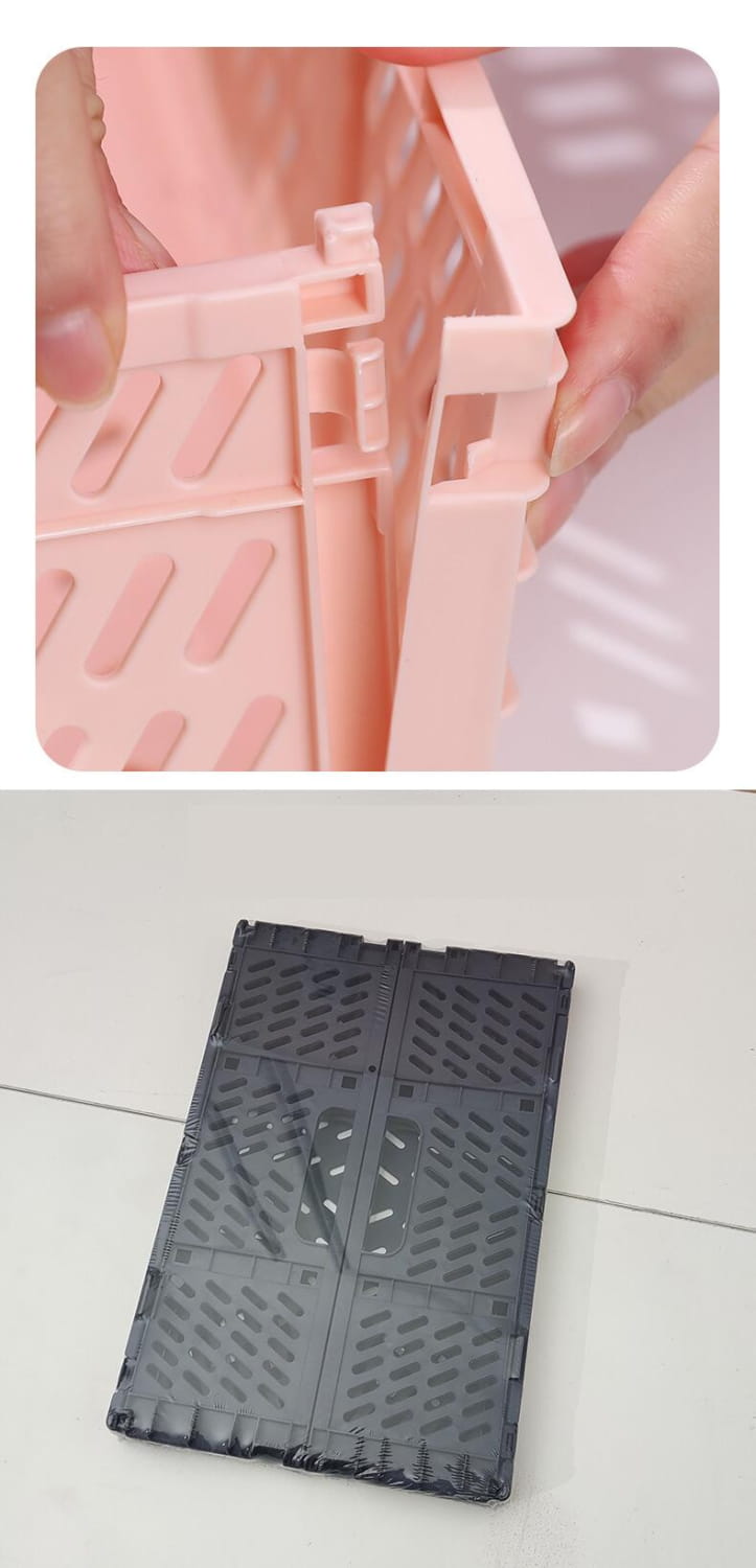 Foldable storage basket plastic lattice crate in pink and black features foldable storage and interlocking designs made from durable plastic.
