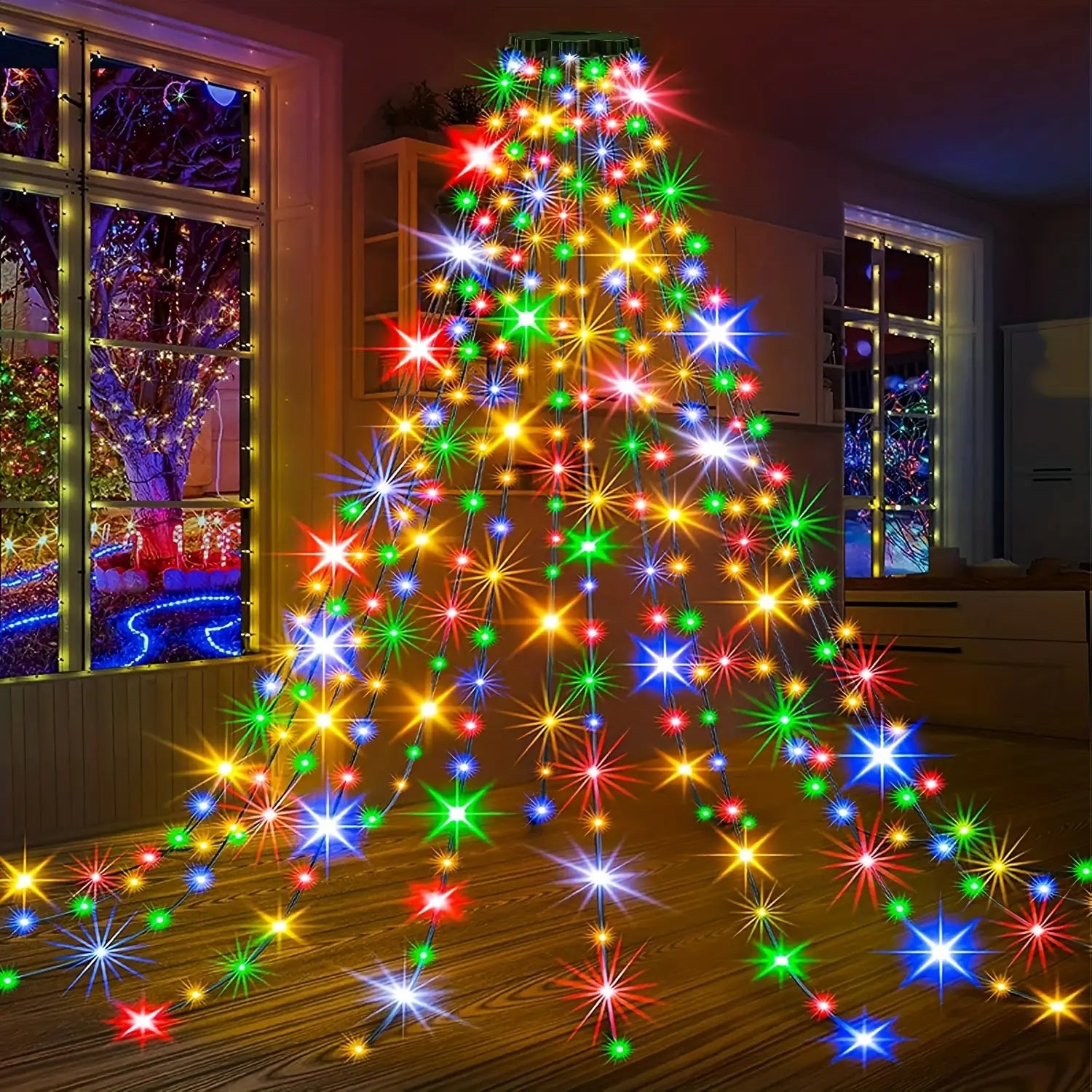 Usb Christmas tree decoration light featuring a vibrant multi-colored led display with red green blue and yellow starburst effects for indoor and outdoor mood lighting.