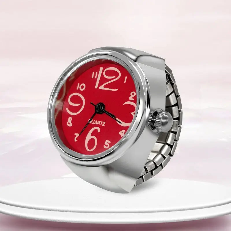 Silver-toned adjustable ring watch with a vibrant red face and white numerals designed as quartz finger couple jewelry.