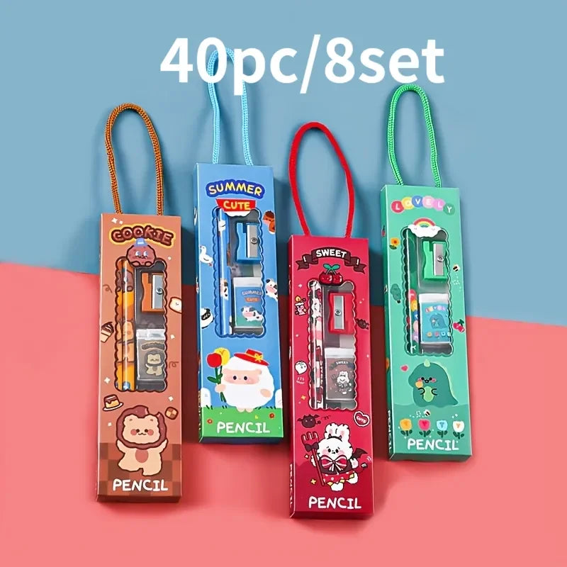 40 Pieces/8 Sets of Cute Stationery Gift Packs, 5/1 Set of Back-To-School Stationery, Each Set Includes a Pencil, Eraser, Sharpener, Ruler (Style/Color Random), High-Quality Stress-Relief Animal Stationery Set, Essential for