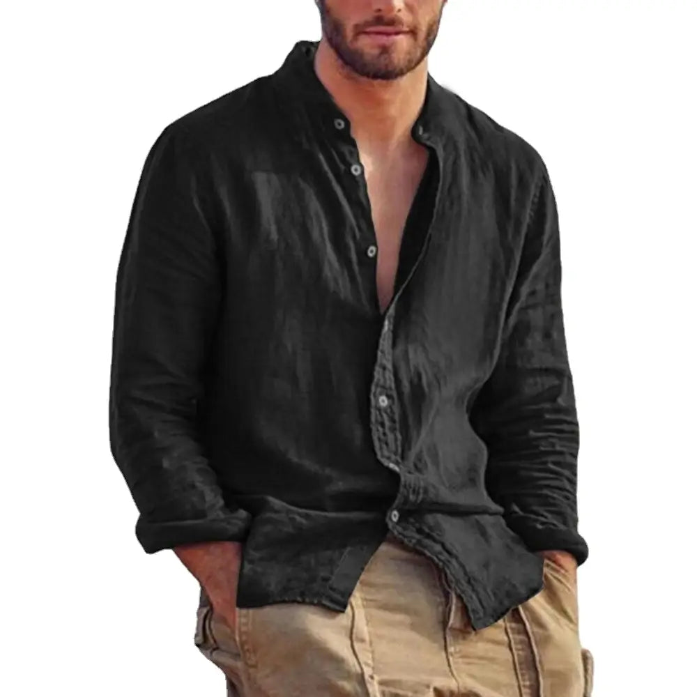 Men’s black linen long sleeve casual shirt with a stand collar, button-down front, and rolled cuffs.