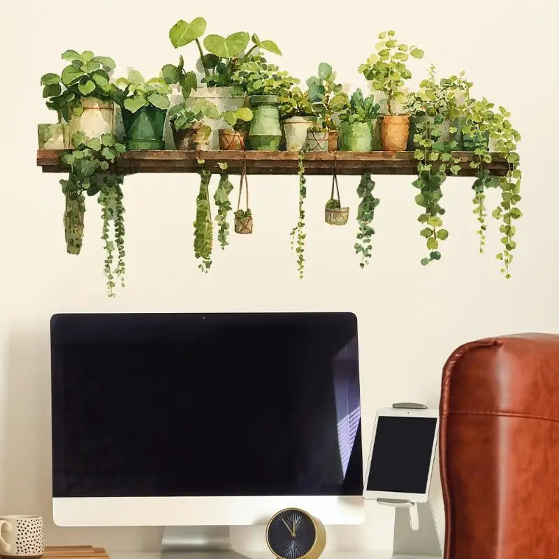 A watercolor plant shelf wall decal featuring a rustic wooden shelf adorned with green potted plants in assorted ceramic and woven pots with trailing vines.