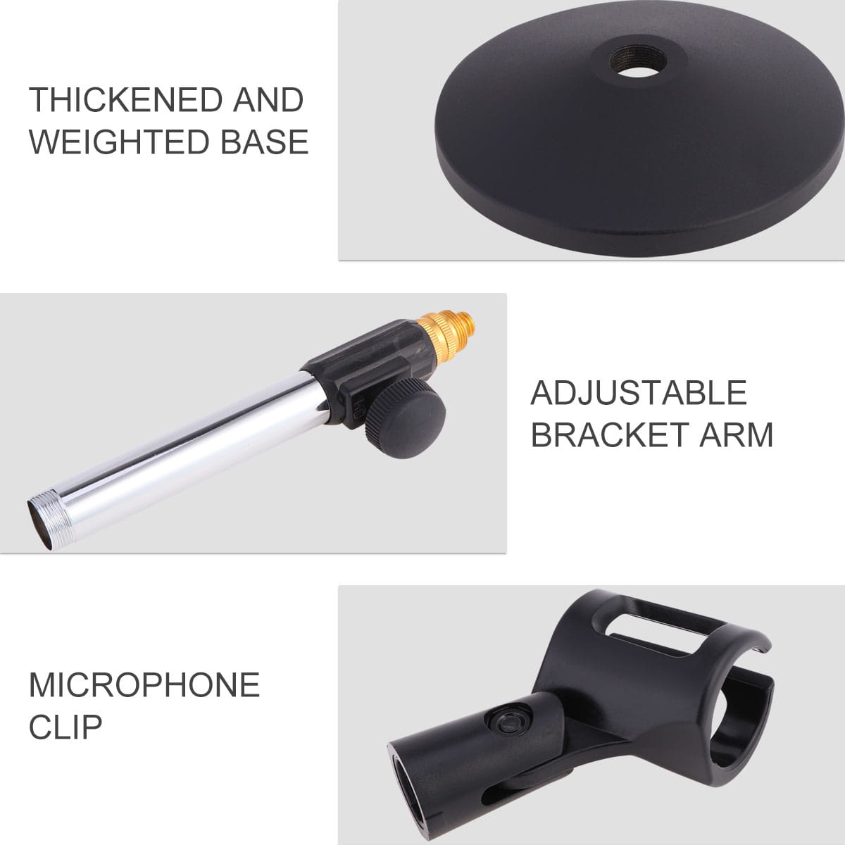 Support de micro de bureau réglable pour montage sur table avec base lestée noire, bras de fixation réglable à finition chromée avec bouton noir, et pince pour micro en plastique noir mat.