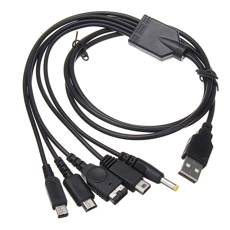 Black 5 in 1 multi console usb charging cable with usb-a connector and multiple smaller connectors including micro-usb, mini-usb, and dc power jack for versatile device charging.