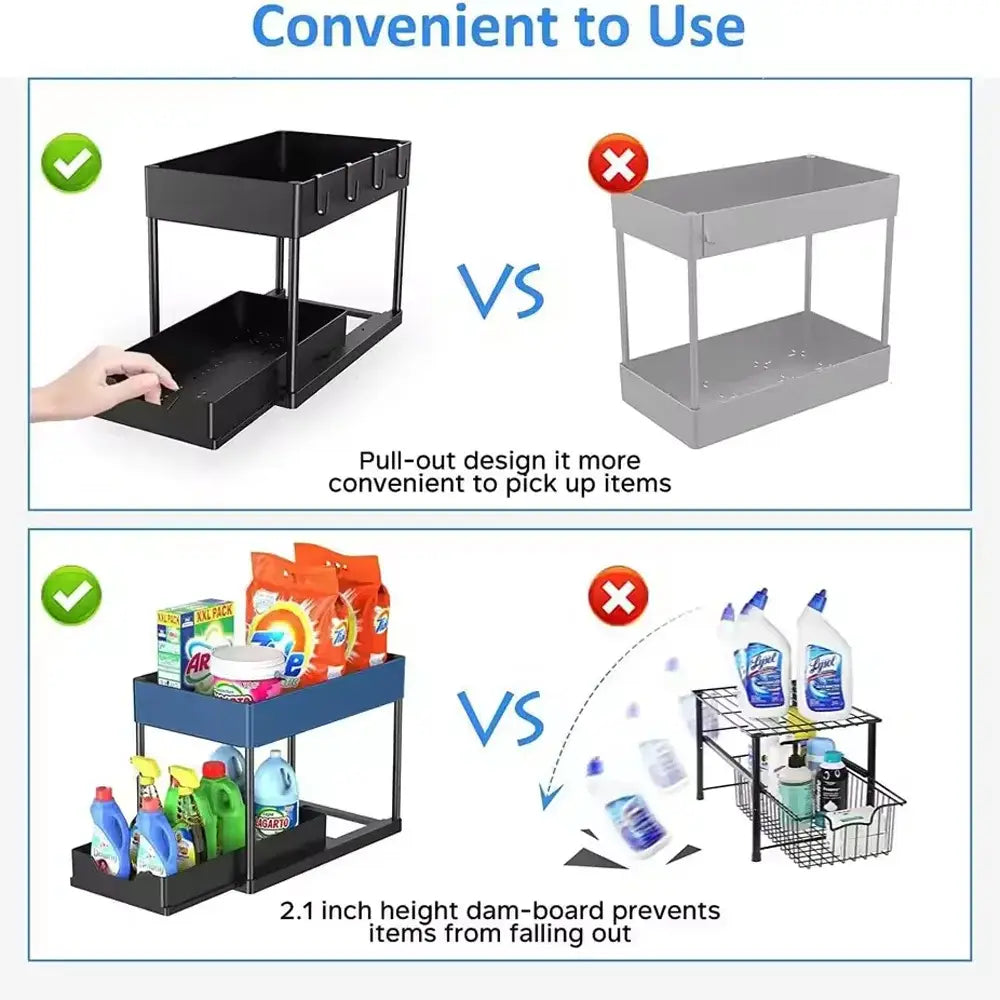 black two-tier pull-out under sink organizer from mainland china features a 2.1 inch height dam-board to prevent items from falling out and offers efficient sliding storage.