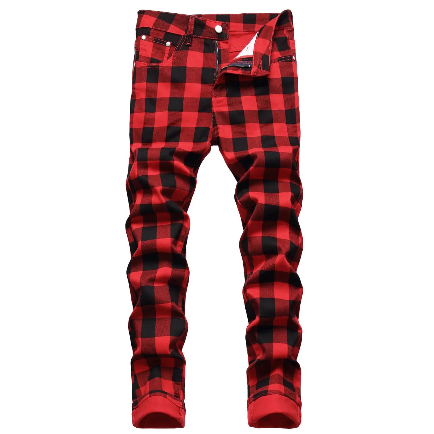 Jeans en denim rouges et noirs à carreaux, coupe slim ajustée, mettant en valeur un design élégant et moderne.