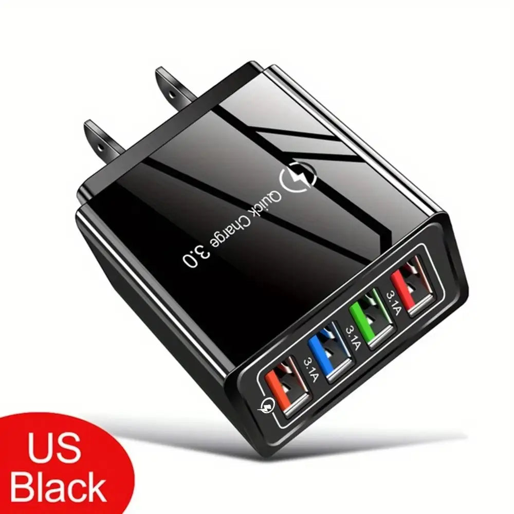 Black us plug quick charge 4-port usb wall charger with glossy finish and four color-coded usb ports labeled 3.1a for efficient quick charge 3.0 performance.