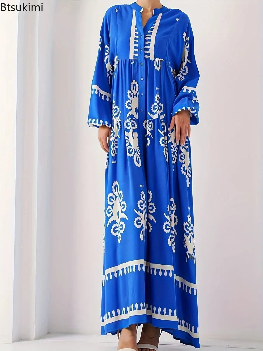 New Women's Loose Ethnic Retro Dress Spring Autumn Print V Neck Casual Long Dress Arab Style Bohemian Maxi Dresses Muslim Abayas