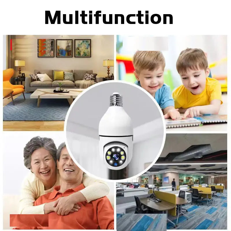 weiße und schwarze Multifunktions-Sicherheits-Glühbirnenkamera 1080p WLAN E27 Smart-HD, ausgelegt, um eine Glühbirne mit einem LED-Array um die Linse nachzuahmen.