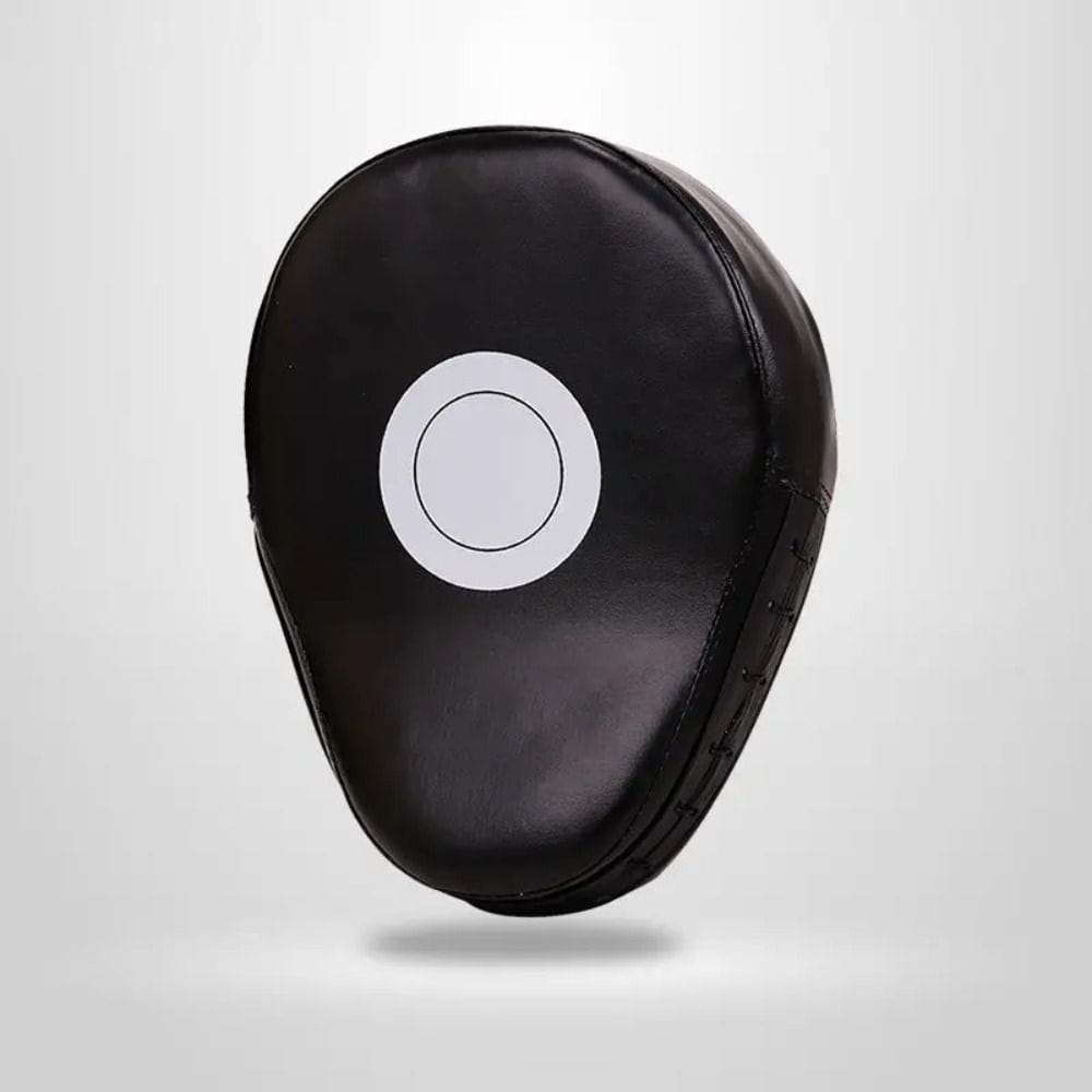 Black leather boxing punch pad focus mitt with a white circular target mark for fitness training.