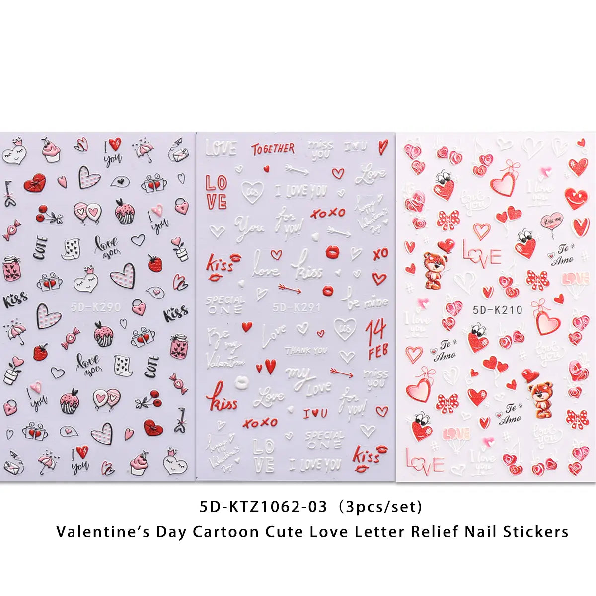 Pegatinas para uñas de San Valentín con diseños en relieve de carta de amor adorables en rosa, rojo y blanco, con calcomanías florales con forma de corazón para arte DIY.