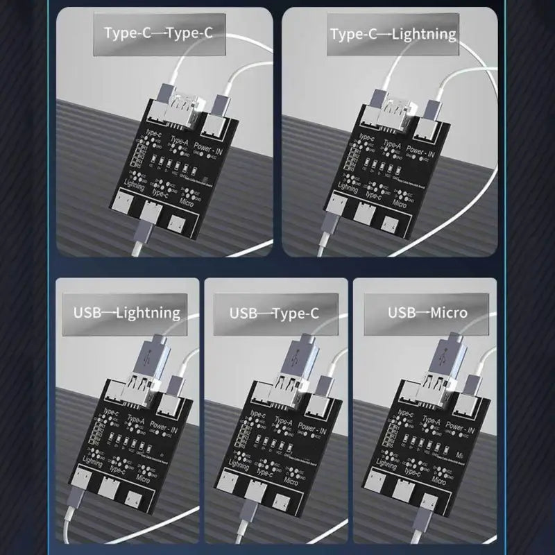 Schwarze rechteckige USB-Adapterplatine als Kabeltester mit Typ-C-, Lightning- und Micro-USB-Anschlüssen zum Testen von mobilen Gerätekabeln