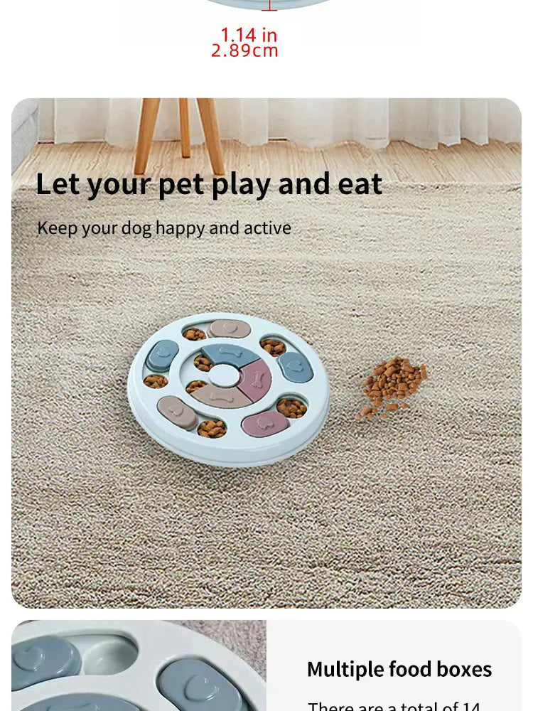 white circular dog puzzle slow feeder toy with colorful textured compartments holding kibble for interactive feeding.