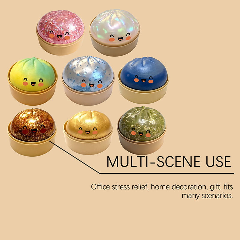 Cute glitter dumpling stress ball slow rebound toy in colorful resin with smiling faces and glittery finish for stress relief.