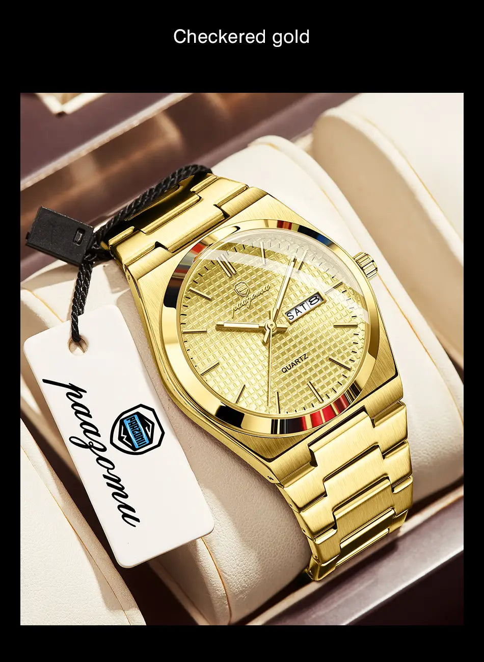 Paazomu luxury chronograph watch in gold tone with checkered pattern, textured dial, and striped bezel.