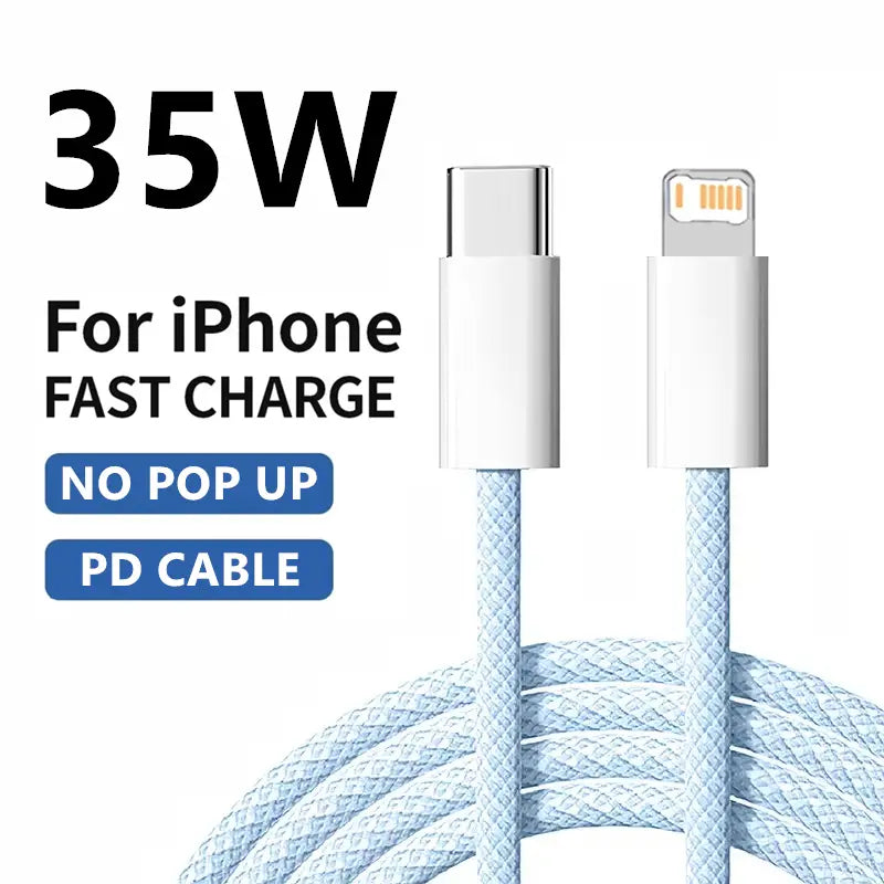 light blue braided usb-c to lightning cable for iphone 35w fast charging and durable use