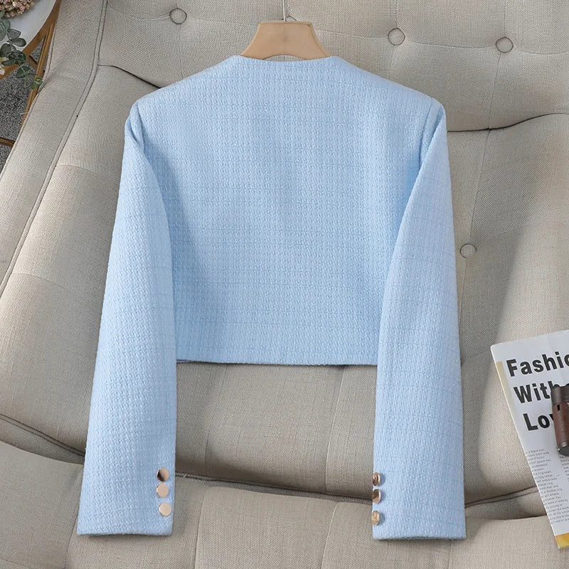 Fashion Women Formal Blazer Ladies White Blue Black Long Sleeve Cardigan Coat Work Wear Short Blazer Jacket Autumn Female Tops