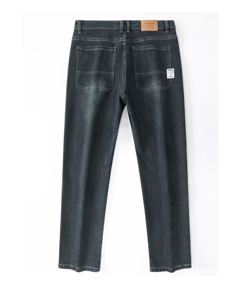 Men’s loose straight business casual jeans shown from the back side in dark-wash denim with a straight-leg cut and classic back pockets.