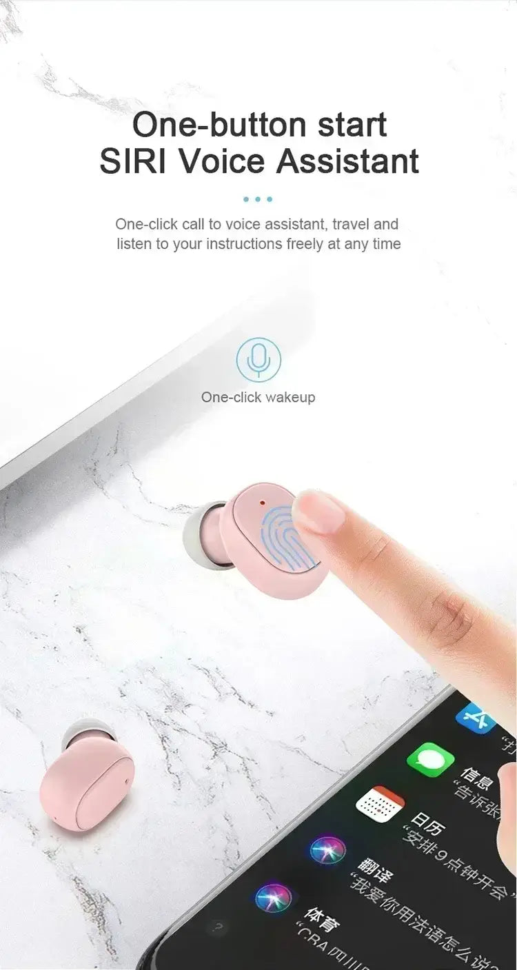 pink wireless bluetooth earbuds with sleek smooth surface and subtle wave patterned touch control area featuring a polymer lithium battery and 280mah charging box.